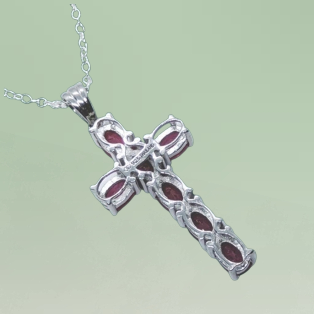 Sterling Silver Lab Grown Pink Sapphire Cross Pendant Necklace. NWOT - Picture 7 of 7